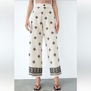 Zara Cream Embroidered Wide Leg Pants XS Boho Linen Blend